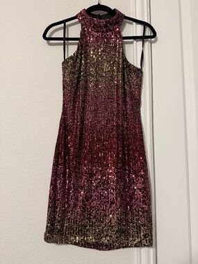 Darling Sequin Cocktail Dress M Wine Gold Adjustable Mini Party Formal Night Out